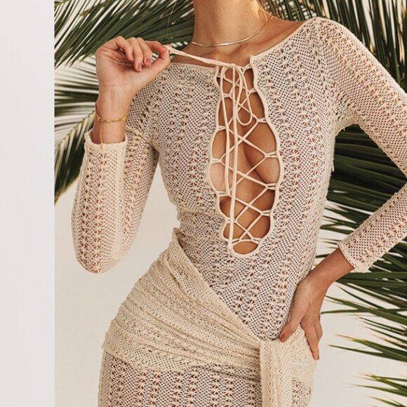 HOUSE OF CB 'Carmelita' Natural Knit Lace Up Dress NWT - Picture 7 of 11